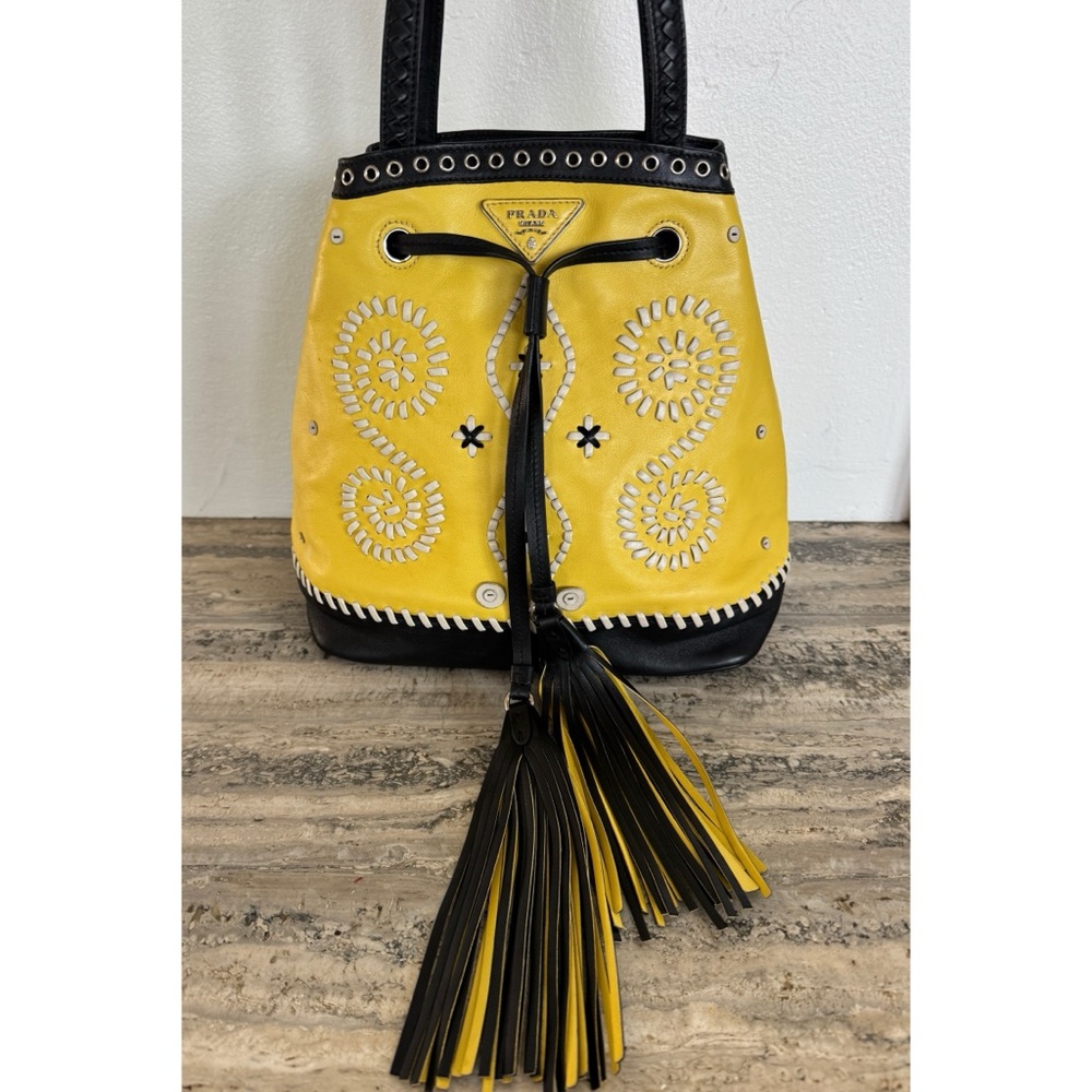 Prada Embroidered Leather Bucket Bag